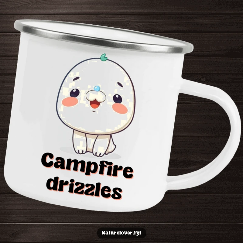 Funny camping mug with a smiling character delightedly receiving a tiny raindrop on its nose, ready for any adventure.