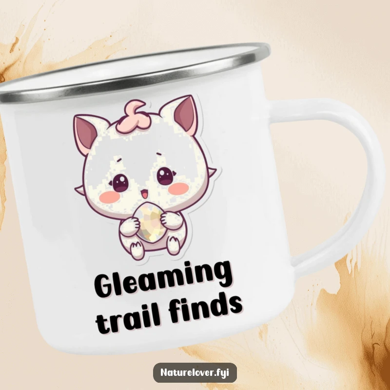 Funny Camping Mug with a character in surprised delight holding a sparkling pebble, symbolizing outdoor joy.