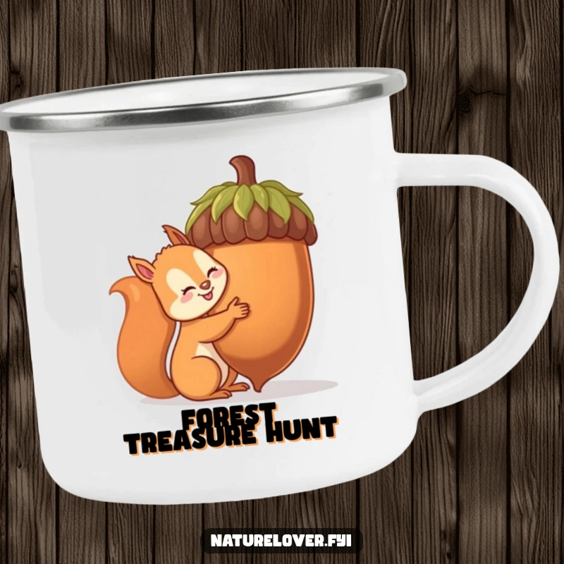 Funny squirrel camping mug showing a cheerful squirrel hugging an oversized acorn, perfect for outdoor enthusiasts who love humor.