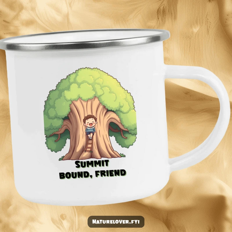 Funny smiling figure climbing a giant, welcoming tree, perfect for outdoor enthusiasts on this camping mug.