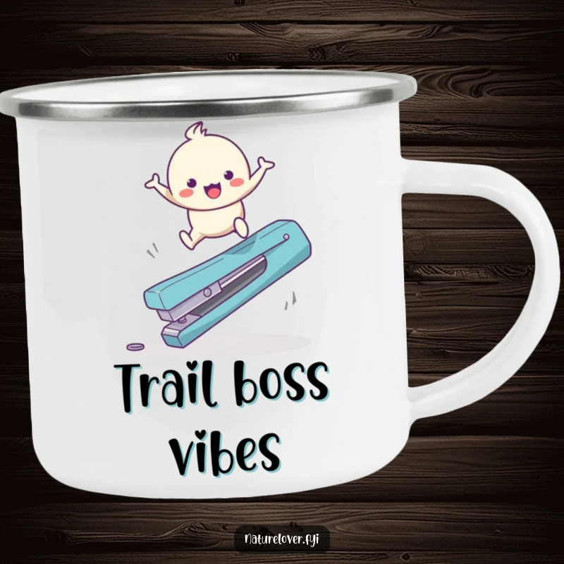 Funny Camping Mug: A cute character happily bounces over a giant fallen twig, perfect for outdoor adventures.