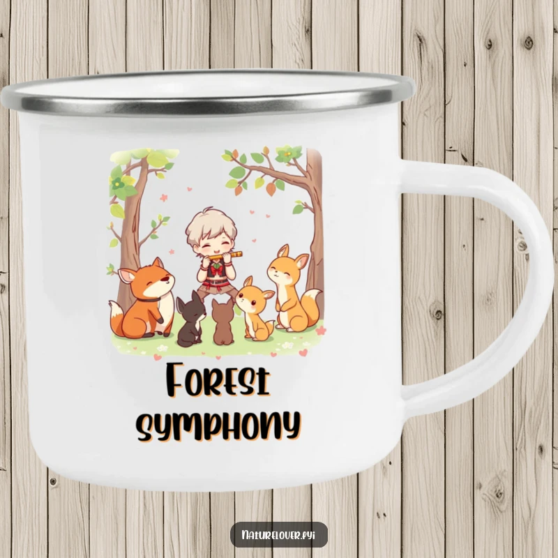 Funny camping mug featuring a character joyfully playing a flute for a group of attentive woodland creatures, ready for outdoor melodies.