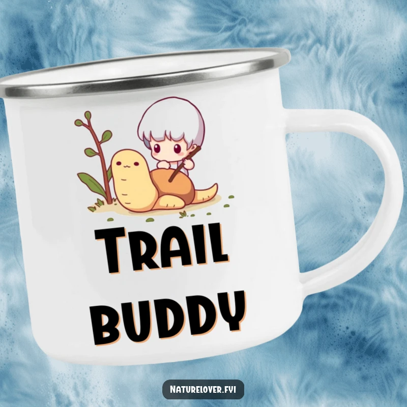 Funny Worm Adventure Camping Mug: A tiny character curiously pokes a worm with a twig, ideal for outdoor humor.