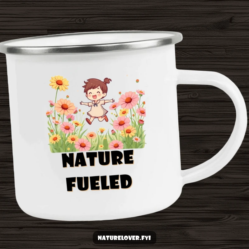 Funny camping mug with a joyful character skipping through oversized wildflowers, built for adventure and smiles.