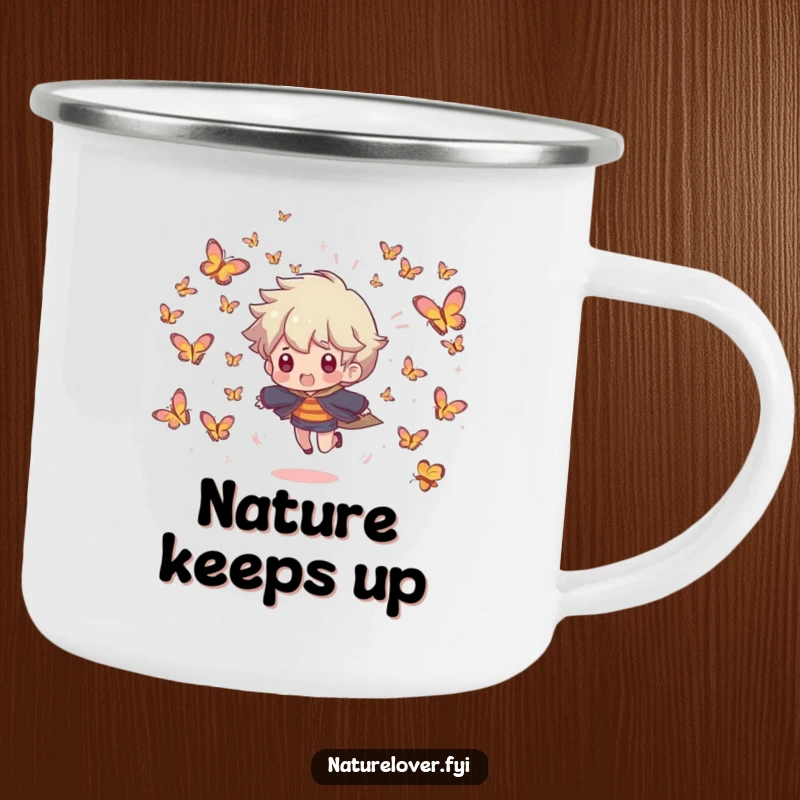 Funny camping mug featuring a character being playfully chased by a swarm of tiny, smiling butterflies, ready for any adventure.