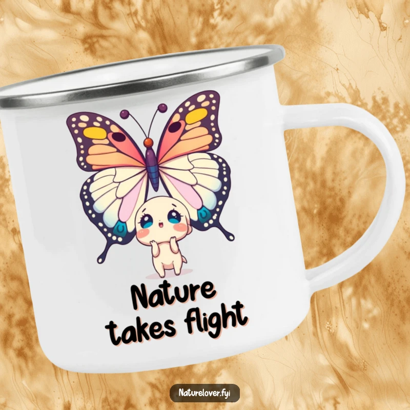Funny camping mug: cute character utterly surprised by a massive butterfly. Durable and humorous.