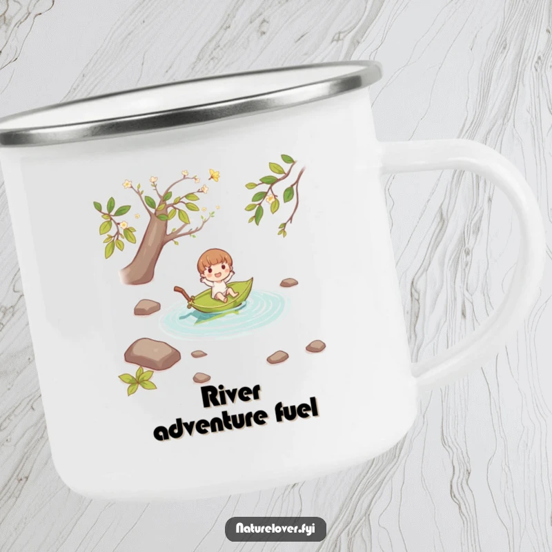 Funny small character joyfully floating down a stream on a fallen leaf boat, on a durable camping mug for outdoor fun.