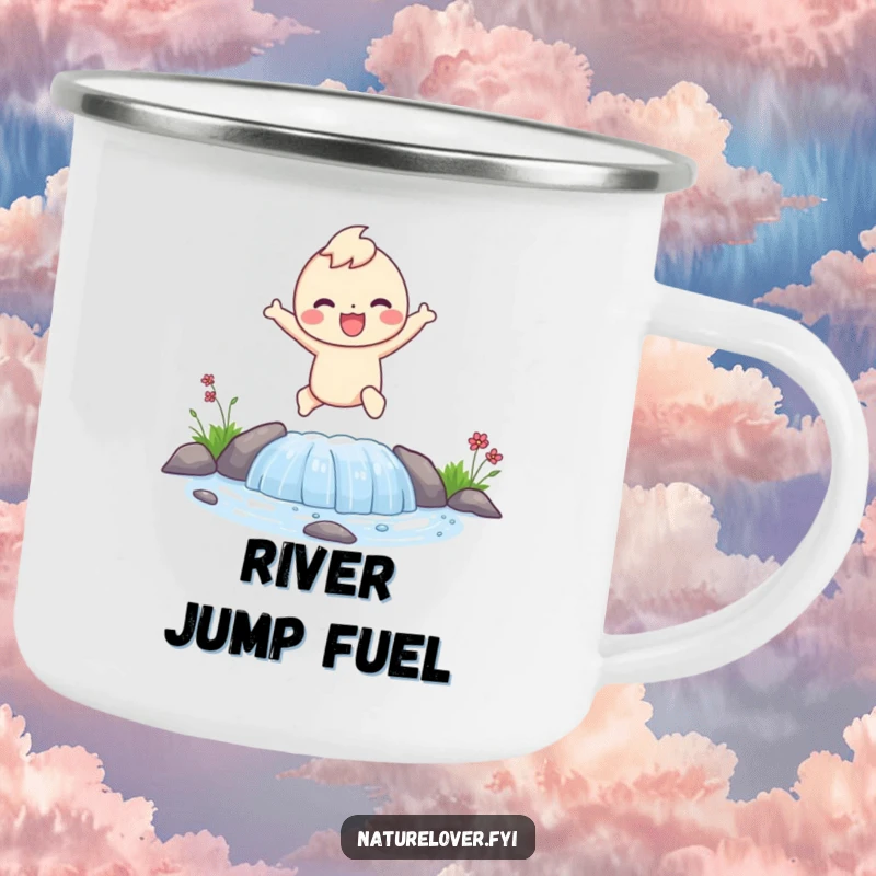Funny camping mug with a happy character joyfully leaping over a small stream, ready for outdoor fun.