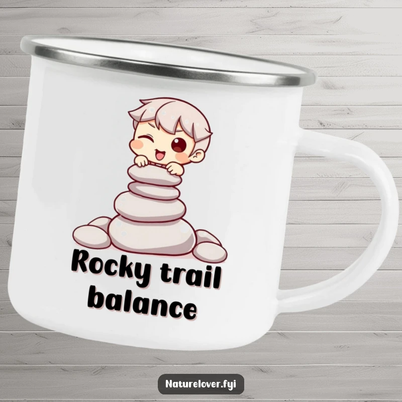 Funny camping mug featuring a character winking while balancing a pile of smooth stones, ready for outdoor calm.
