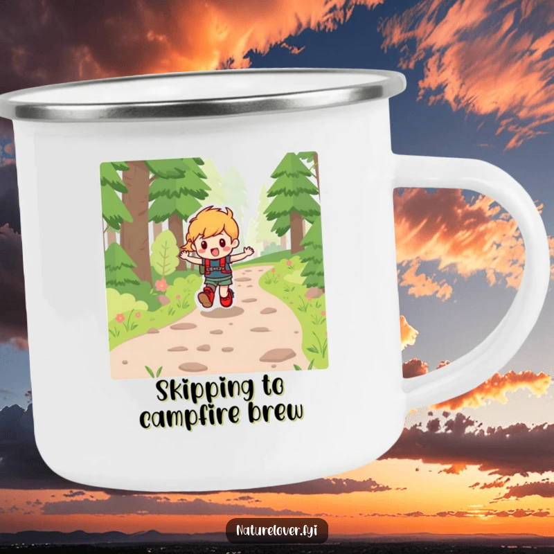 Funny camping mug showing a character with hiking boots skipping merrily on a forest path, evoking outdoor fun.