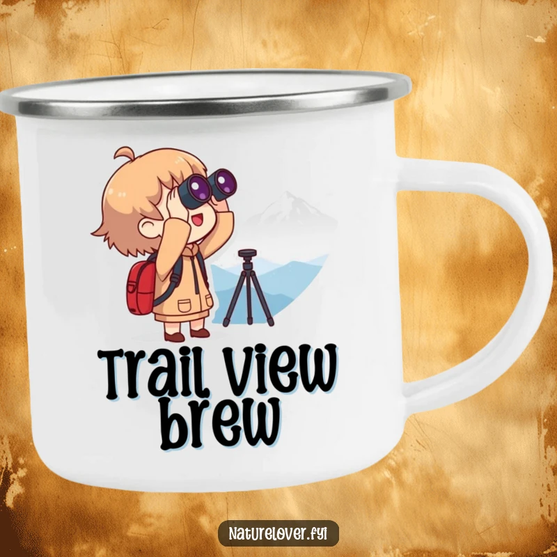 Funny camping mug with a character using binoculars to view a distant mountain, symbolizing funny exploration and outdoor enjoyment.