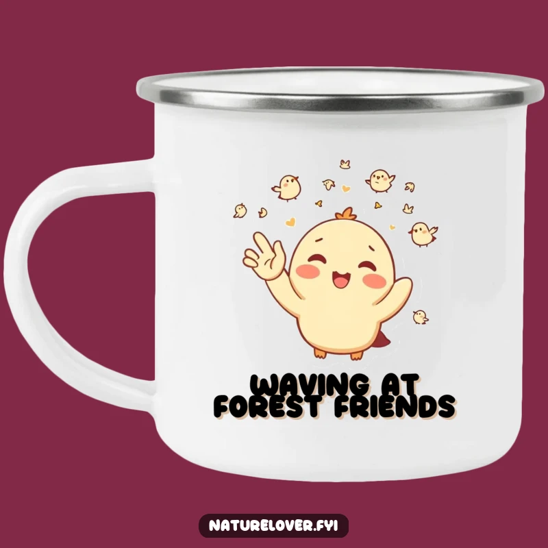 Funny Bird Greeting Camping Mug: Happy Character Waving at Tiny Birds Outdoors