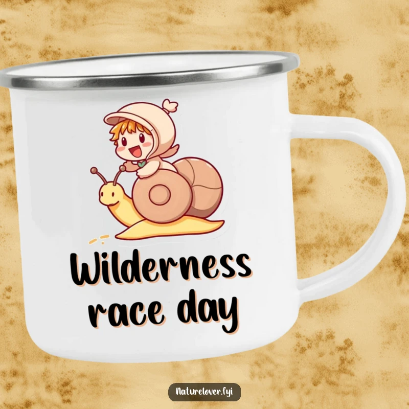 Funny camping mug depicting a little character excitedly riding a snail as if it were a racehorse, perfect for outdoor humor.