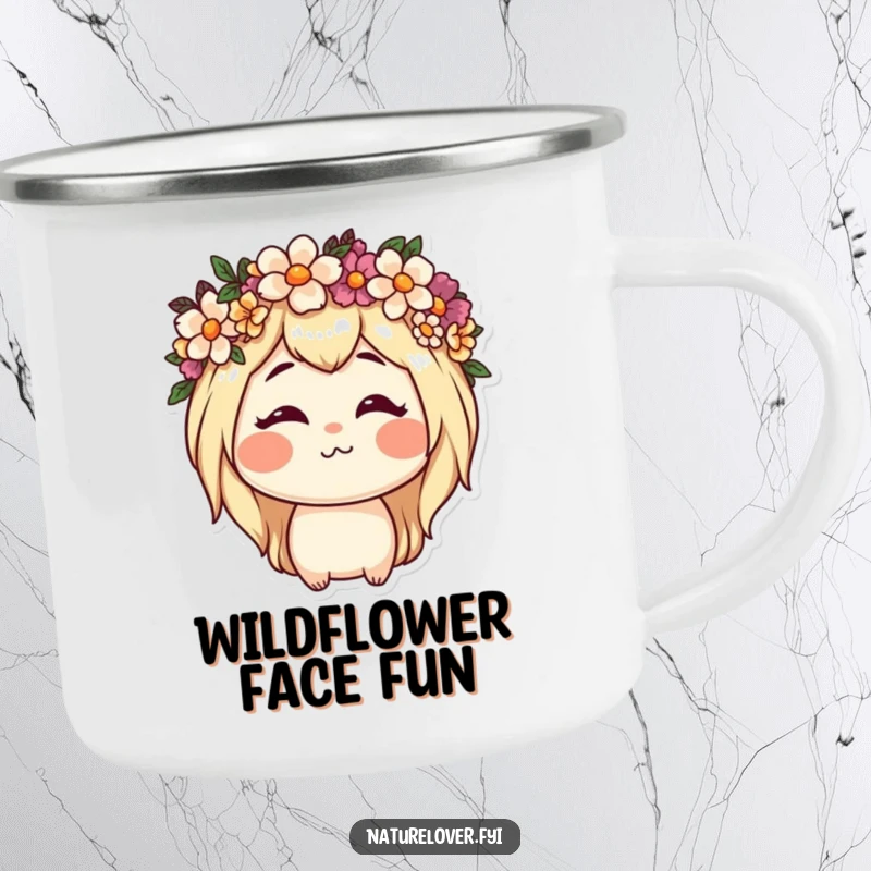 Funny camping mug with a nature lover character wearing a flower crown and making a funny face, evoking whimsical outdoor moments.