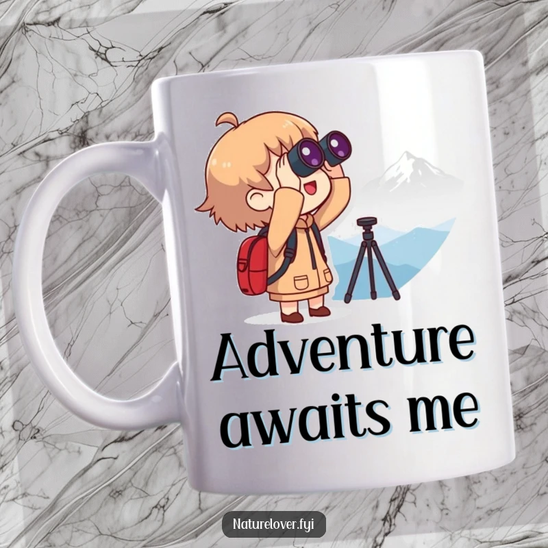 Funny mug featuring a character with binoculars, excitedly spotting a distant mountain silhouette, evoking a sense of funny exploration and ambition.