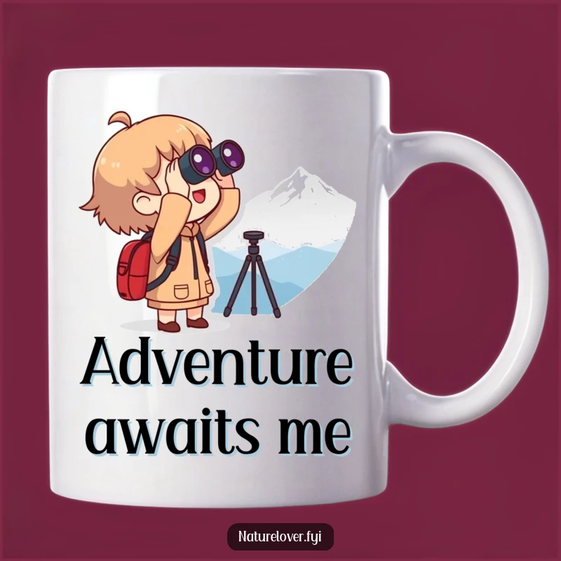 Funny Explorer's View Mug: Character with Binoculars, Mountain Peak, Funny Gift
