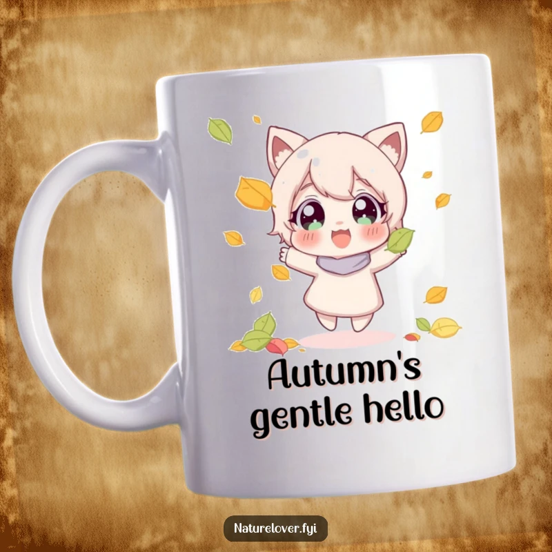 Funny mug shows a character with wide, happy eyes joyfully catching a colorful falling leaf, embodying autumn delight.