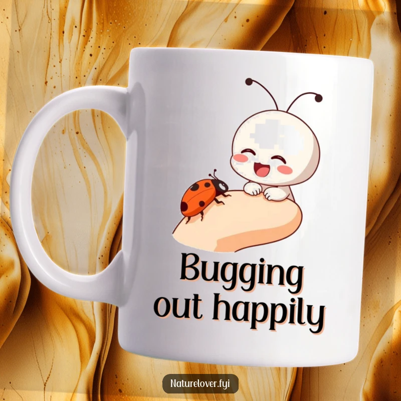Funny mug with a small character laughing joyfully as a ladybug crawls on its finger, capturing a moment of humorous delight.