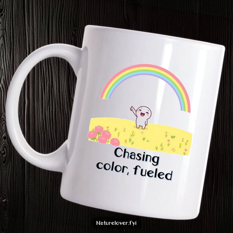 Funny mug showing a cheerful character excitedly pointing at a vibrant rainbow over a field, embodying hope and happiness.