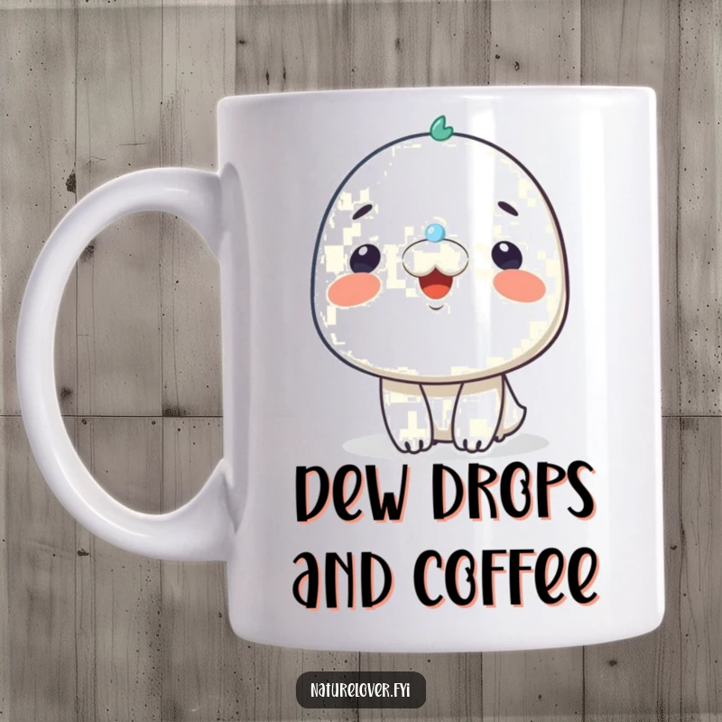 Funny mug showing a cute character smiling happily as a single tiny raindrop gently lands on its nose, embracing the weather.