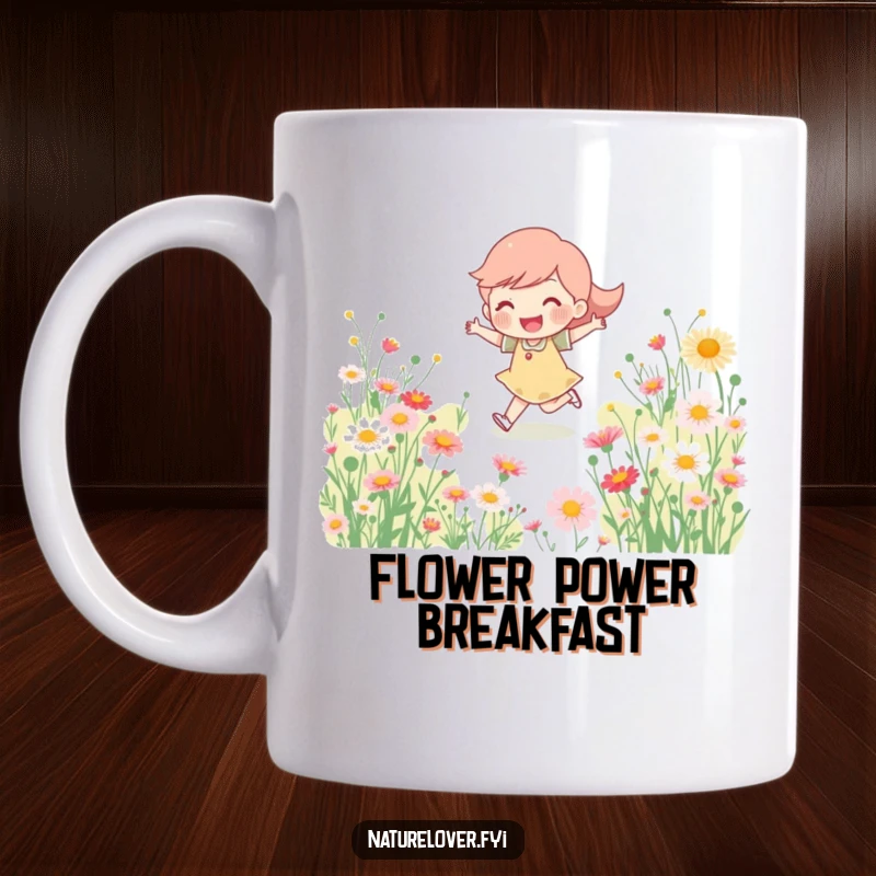 Funny Mug: Happy character joyfully skipping through a field of blooming wildflowers, celebrating life's simple pleasures.
