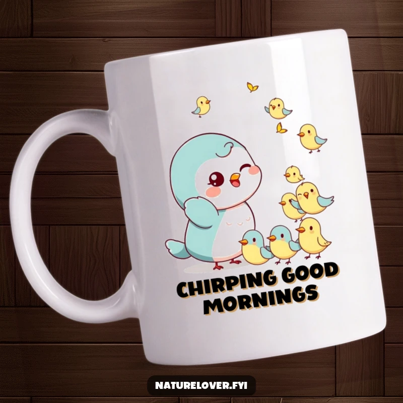 Funny Mug: A small character gives a playful wink while waving at a flock of tiny, cheerful birds, showing friendly interaction.