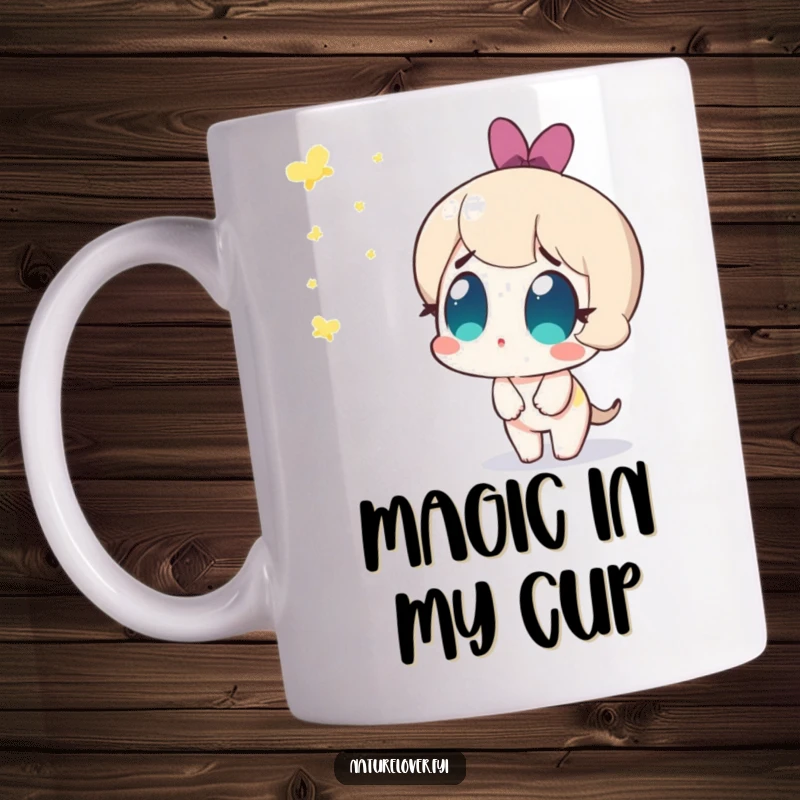Funny mug showing a cute character with wide, amazed eyes watching fireflies appear, embodying wonder and humorous fascination.