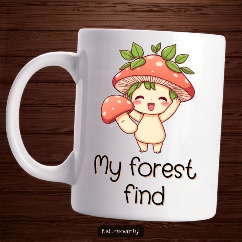 Funny mug featuring a cute character with leaves in its hair, proudly holding a giant mushroom, symbolizing earthy delight and funny success.