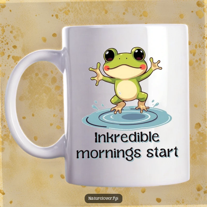 Funny mug showing a frog in tiny galoshes, joyfully jumping in a large puddle of black ink.