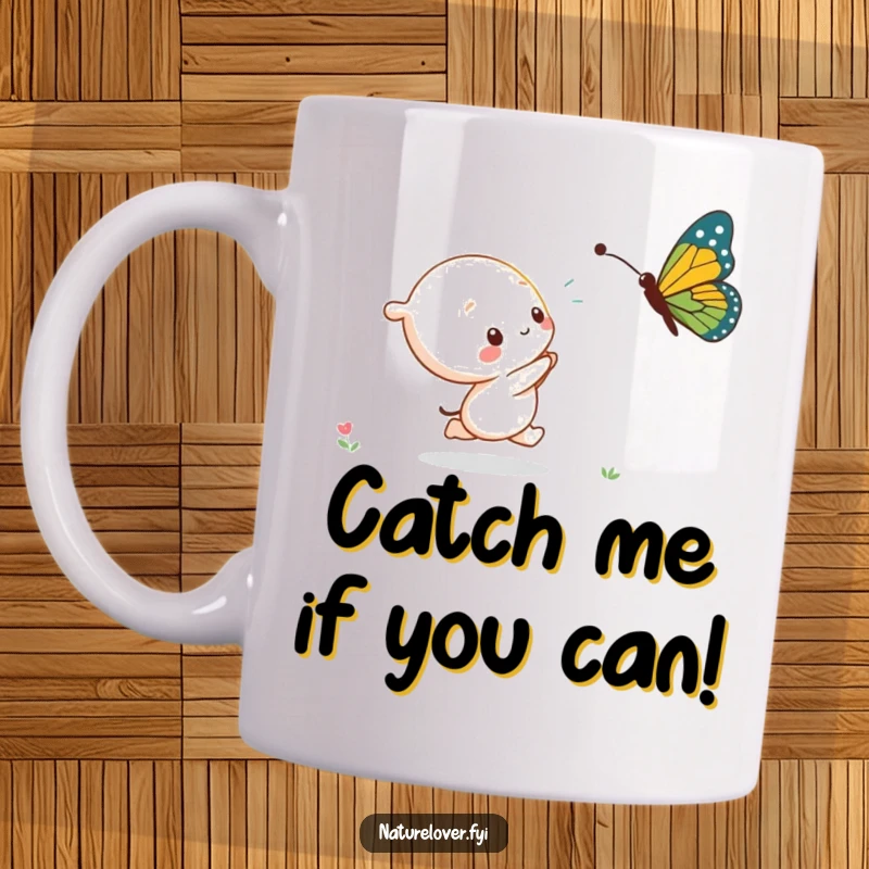 Funny kawaii character chasing a giant, playful butterfly, captured in a whimsical and lighthearted moment on this mug.