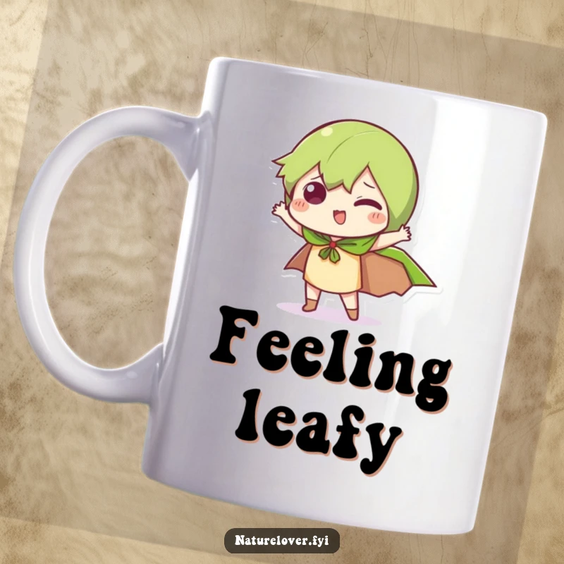 Funny Leaf Cape Mug: A little character wears a leaf as a cape, striking a funny, heroic pose with confidence.