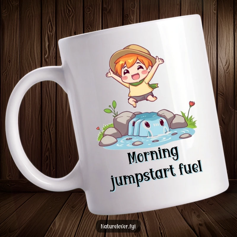 Funny Leaping Stream Mug: A nature lover character joyfully leaps over a small stream, full of energy and fun.