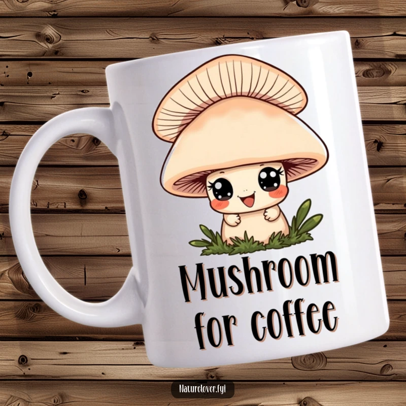 Funny mug showing a cute character with big eyes and a playful grin peeking mischievously from behind a large, colorful mushroom.