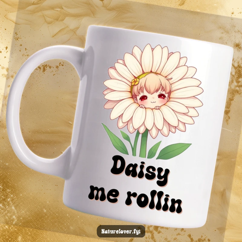 Funny mug with a joyful nature lover character playfully peeking from behind a massive, colorful daisy, celebrating floral beauty.