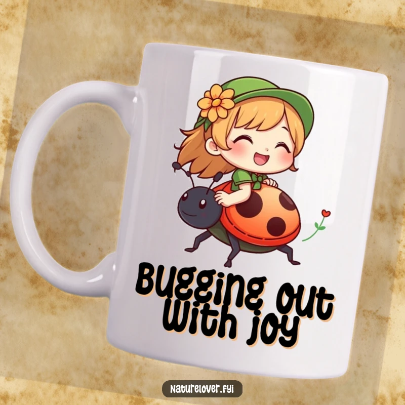 Funny mug featuring a nature lover character giggling joyfully while riding on the back of a friendly ladybug.
