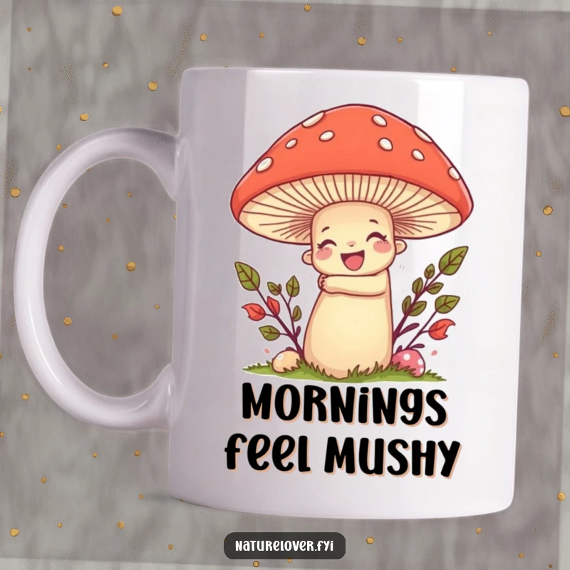 Funny mug featuring a nature lover character joyfully hugging a large, smiling mushroom, celebrating nature's embrace.