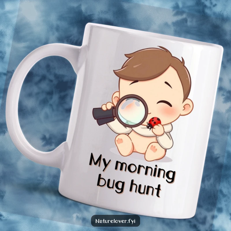 Funny mug shows a character holding a magnifying glass, curiously examining a tiny ladybug with fascination.