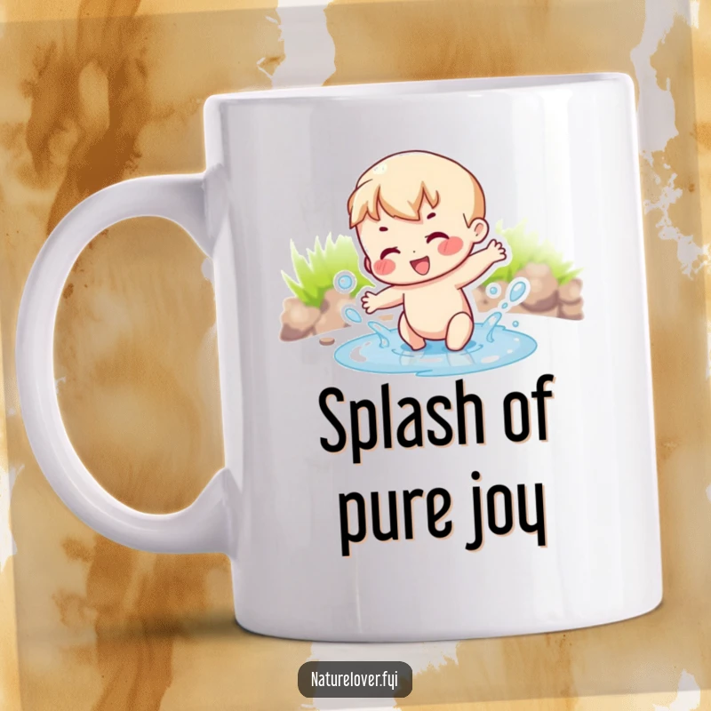 Funny joyful character gleefully splashing in a very small puddle, captured on this cheerful mug.