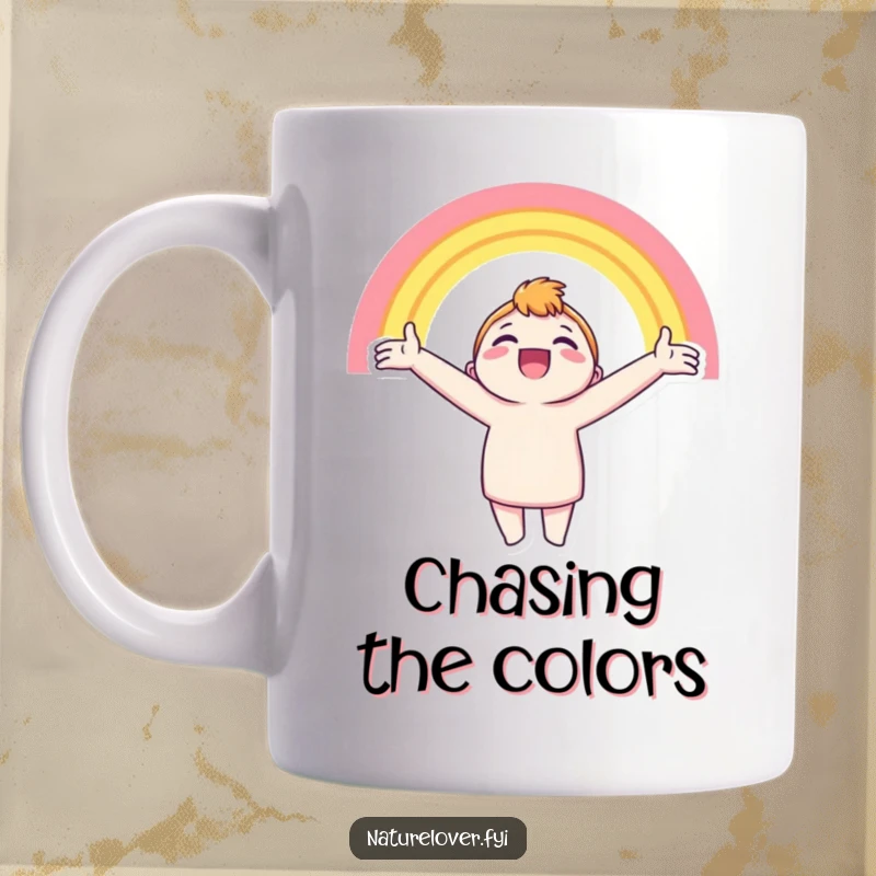 Funny mug with a character holding arms outstretched, beaming with joy at a bright, colorful rainbow.