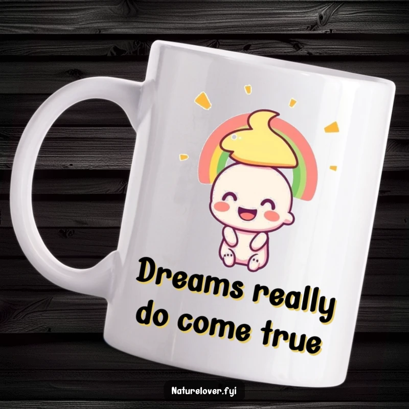 Funny mug with a tiny character beaming with joy while gazing at a magnificent rainbow, radiating pure happiness and delight.