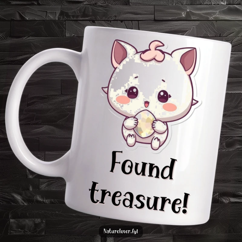 Funny Mug: a character with surprised delight holding a sparkling pebble, capturing joy and discovery.