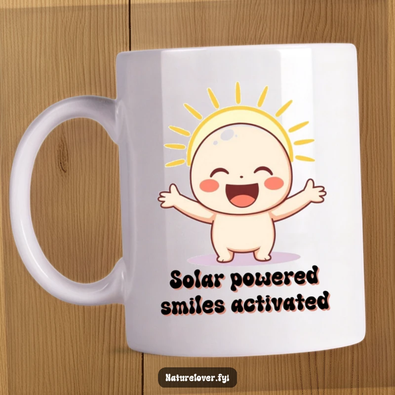 Funny mug with a joyful character arms wide open, happily basking in a bright sunbeam, radiating warmth and pure bliss.