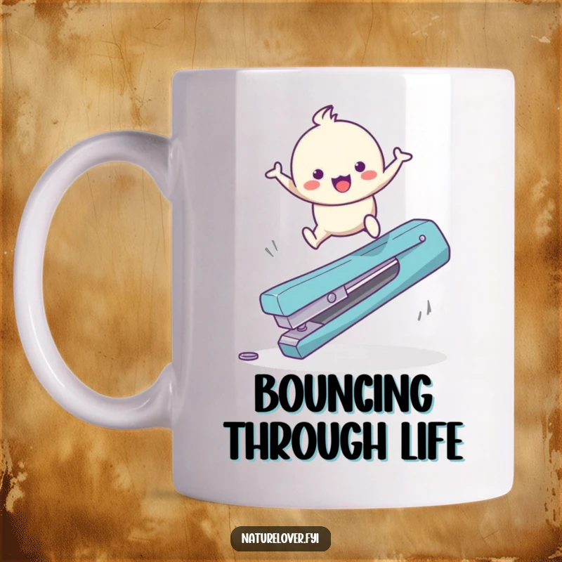 Funny Mug: A cute character with a happy bounce leaps over a fallen, giant twig, showing pure agility and joy.