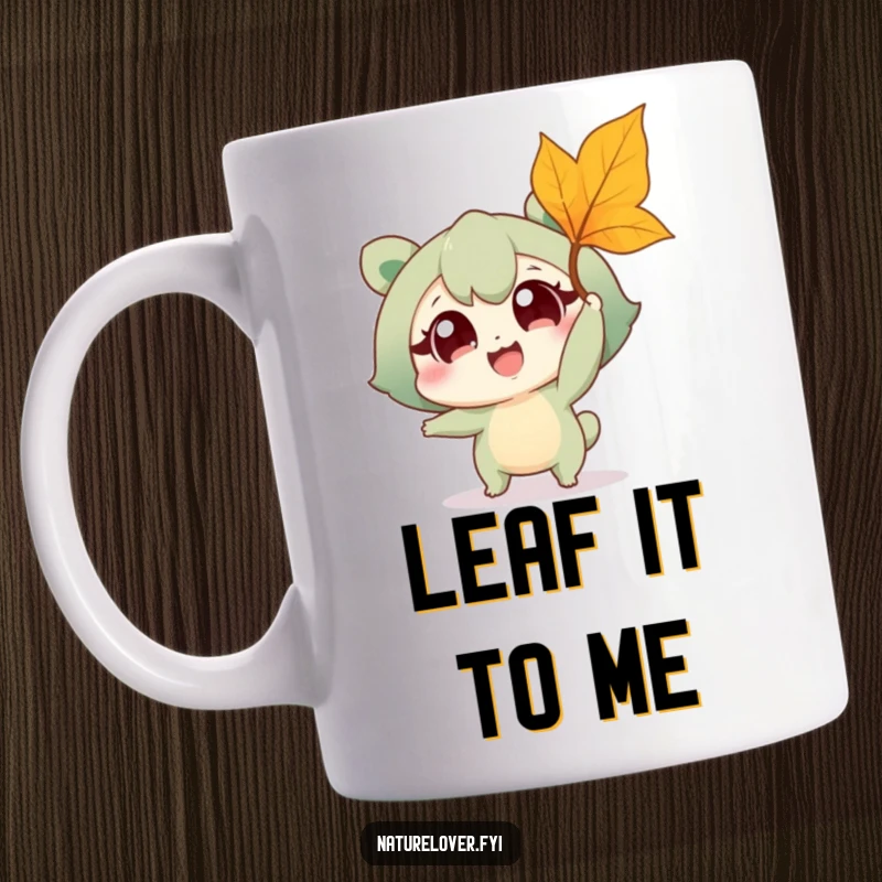 Funny mug with a wide-eyed nature lover character gleefully trying to catch a single falling autumn leaf, celebrating the joy of the outdoors.