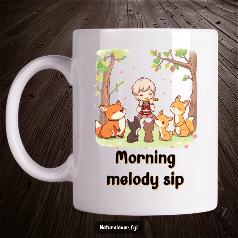 Funny mug showing a character joyfully playing a flute for a group of attentive, smiling woodland creatures.
