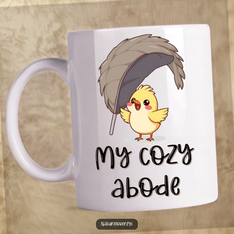 Funny bird mug showing a gleeful bird attempting to build a nest from a single, enormous feather, a humorous design.