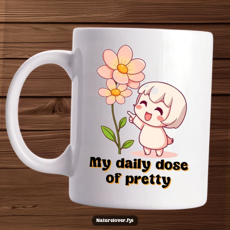 Funny mug showing a cute character enthusiastically pointing at a vibrant blooming flower with pure admiration and joy.