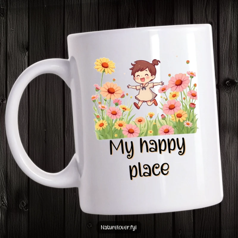 Funny mug showing a happy character skipping playfully amidst giant, colorful wildflowers, radiating pure joy and a love for nature.