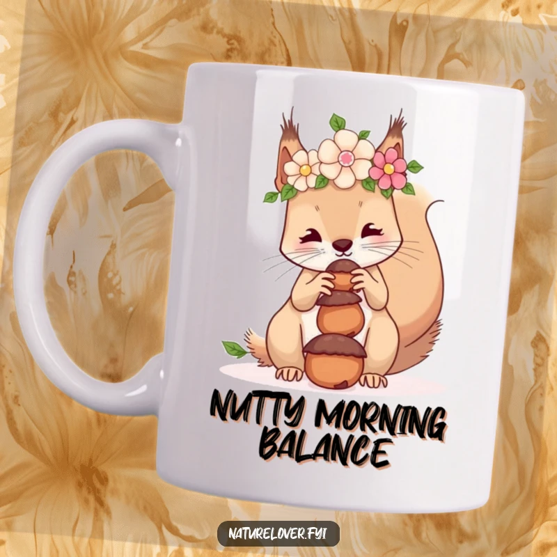Funny mug showcasing a squirrel in a flower crown precariously balancing acorns on its nose, a humorous woodland scene.
