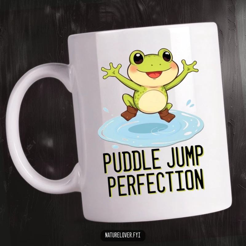 Funny frog mug showing a delighted frog wearing tiny boots, joyfully jumping in a giant puddle, a whimsical gift.